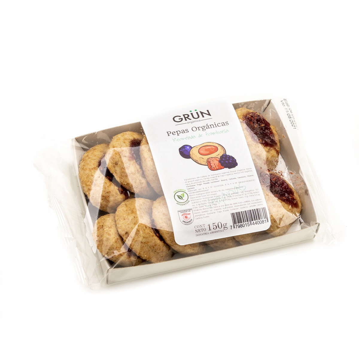 Pepas Integrales Orgánicas con Mermelada de Frambuesa x 150 Grs  Grun